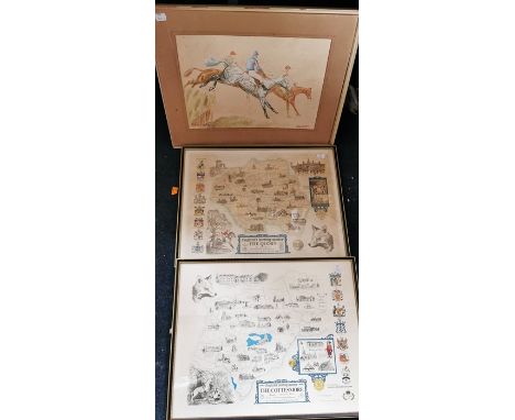 A watercolour of 1961 Grand National winner Nicolaus Silver and two other horse, signed by John Quigley, mounted, frame ungla
