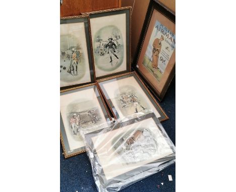 A set of six Tom Browne colour lithograph prints originally for Johnnie Walker whisky, showingthe Striding Man in various spo