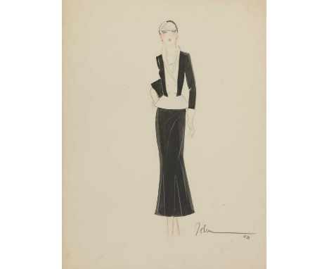 *John Guida (Italian, 1897-1965)A Fashion Design - a lady in a tuxedo jacket with a long black skirt, waistcoat and gloves.si