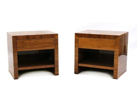 A pair of contemporary walnut veneered bedside tables,each with a drawer and a shelf below, 69.5cm wide54.5cm deep66cm high (