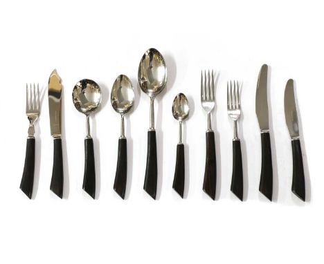 An eight-setting Mappin &amp; Webb cutlery canteen,1960s, stainless steel with curved ebony handles, comprising;8 dinner fork