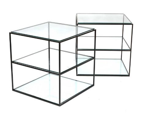 A pair of Italian three-tier lacquered steel and glass occasional tables,designed by Alessandro Albrizzi (1934-1994), 61cm wi