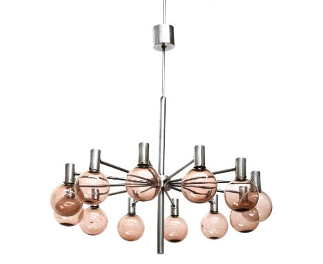 A Markaryd 'Model T-449/12' steel twelve-branch hanging chandelier,1960s, Sweden, designed by Hans-Agne Jacobsson, with ameth