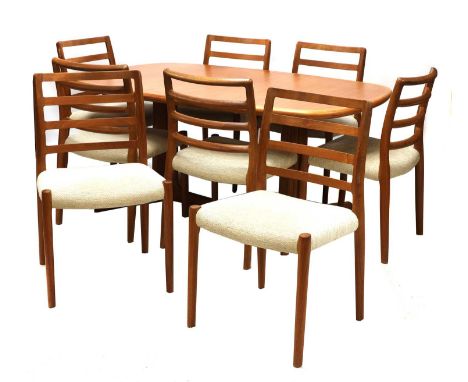 A Danish teak dining suite,designed by Niels Otto Moller, comprising: eight model 85 dining chairs,re-covered, 50cm wide46cm 