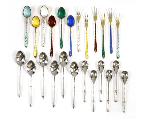 A set of six silver-gilt and enamel coffee spoons,by David Andersen, stamped 'Ela Denmark Sterling 925S', and a set of six pi