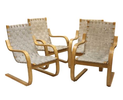 Three Alvar Aalto bentwood amchairs, model 406, with webbed seats, 61cm wide 65cm deep 86cm high, seat 37cm high, andanother 