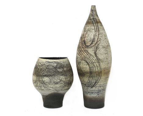 *Bernard Charles (b.1930),two stoneware vases, each with a mushroom and grey glaze,a tall arrow head form, incised with a spi