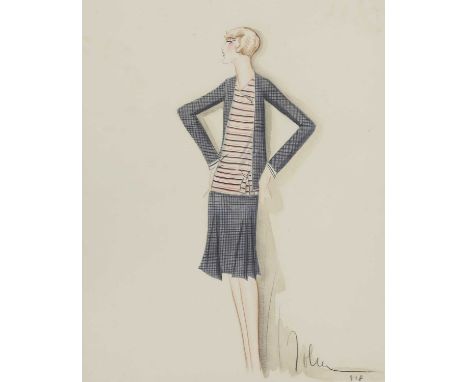 *John Guida (Italian, 1897-1965)A Fashion Design - a lady in a blue chequered jacket and skirt ensemblesigned 'John' and numb