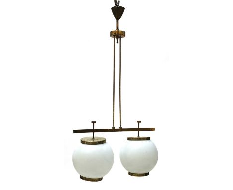 An Italian brass ceiling light,1950s, with two spherical opaque glass shades,47cm wide87cm highshades 18cm diameterCondition 