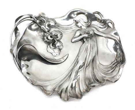 A WMF silver-plated card tray,of shaped circular form, moulded with a lady with sinuous hair and dress, the handle formed as 