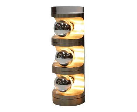 A French brushed aluminium three-light swivel table lamp,a cylindrical revolving tower, the top fitted with a lucite disc,51c