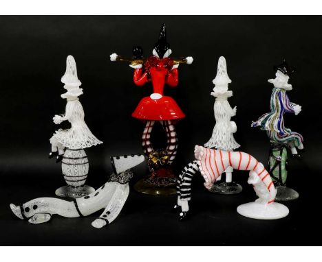 Six Murano millefiori glass clown figures,c.1960, four signed 'Franko Toffolla',largest 45cm high (6)Condition report: Arm of
