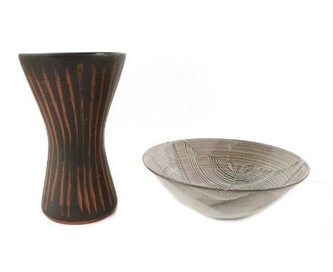 *David Leach (1911-2005),a bowl, with a grey powdered glaze, incised with feather designs, impressed artist's monogram,28cm d