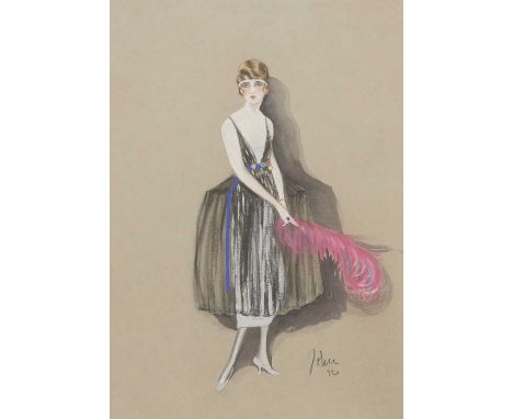 *John Guida (Italian, 1897-1965)A Fashion Design - a lady in a black evening gown holding a pink feathersigned 'John' and num