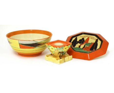A Clarice Cliff 'Red Trees and House' teapot stand, printed Bizarre marks, 18.2 x 16.5cm, a Lydiat inkwell,shape 457, printed