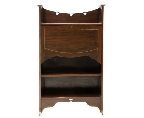 An Art Nouveau mahogany inlaid bureau,with a shaped and fret cut back, pierced panels to the side, over a fall front, reveali