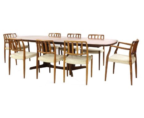 A Danish extending rosewood dining table, §1960s, attributed to Niels Otto Møller for Gudme Møbelfabrik, of super-elliptical 