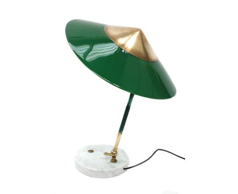 An Italian Stilux table light, 1950s, with a pivotal circular green plexiglas and brass diffuser support, and a circular marb