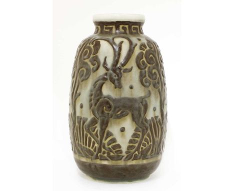 A Pilkington's Royal Lancastrian pottery vase, designed by Richard Joyce, shape No. 88, the ovoid shouldered vase, moulded wi