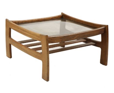 A G Plan teak coffee table,with a square smoked glass top, raised on a bowed frame, with a slatted undertier, 79cm wide71cm d
