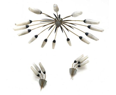 A large fourteen-branch hanging ceiling light,1950s, with tapering painted glass shades, with blue collars, brass branches wi
