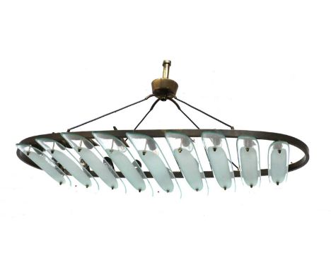 A Brazilian ceiling light,designed by Enrico Furio Dominici, with an oval brass frame, with eighteen branched light fittings 