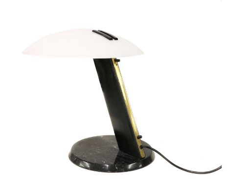 An Italian 'Perla' table lamp,c.1980, designed by Bruno Gecchelin for Oluce, with a glass shade, strut support, and on a cham