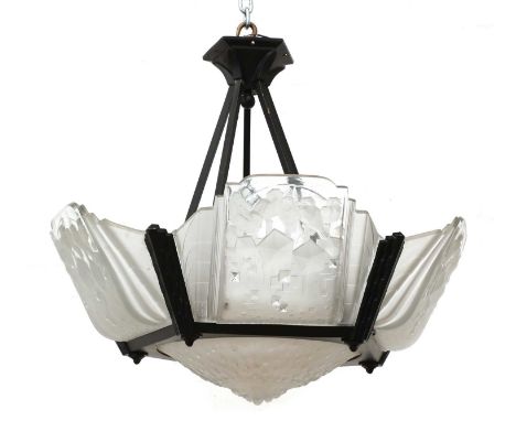An Art Deco hexagonal ceiling light, mounted with moulded and frosted glass panels depicting fledgling birds, the central dis