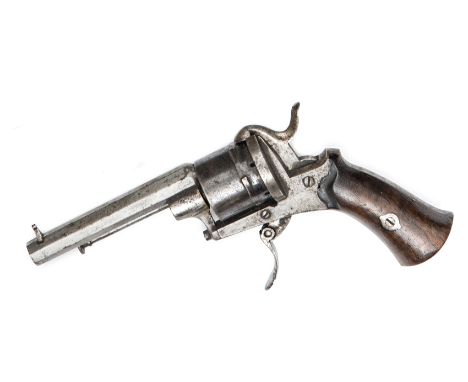 A Belgian 6 shot 7mm DA pinfire revolver, 7” overall, octagonal barrel 3½”, Liege proved, with folding trigger and plain waln