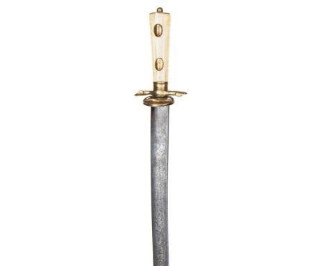 A late 18th century continental hunting sword,  slightly curved SE blade 27”, DE at point, brass mounted hilt with plain shel