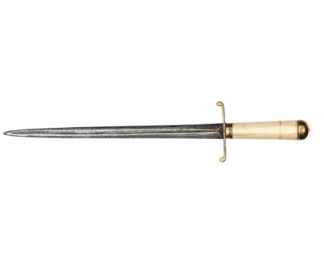 A late 18th century naval dirk, tapering blade 11”, with central fuller, flattened gilt crossguard with turnover terminals, l