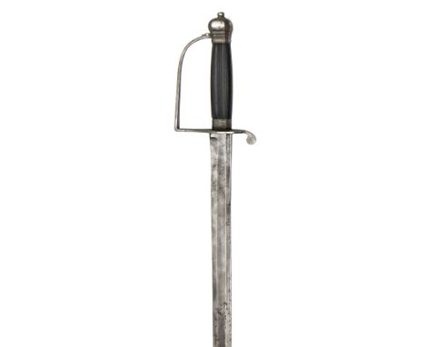 An unusual infantry officer’s service sword, c 1780, plain straight fullered blade 33”, with back fuller, brass stirrup hilt 