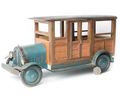 3 large scale hand-made model vehicles. Two from the 1920’s-30’s. A 10-wheeled transport wagon of wood construction painted i