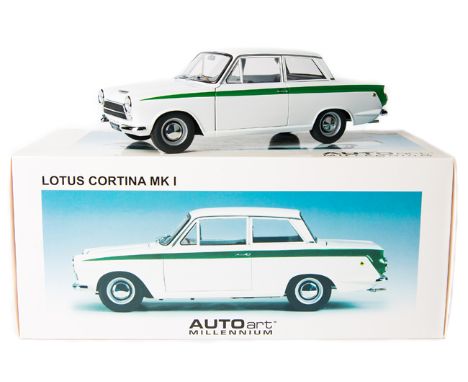 A 1:18 scale Autoart Millennium series Ford Lotus Cortina MK1. An example in white with green flash and black interior. With 