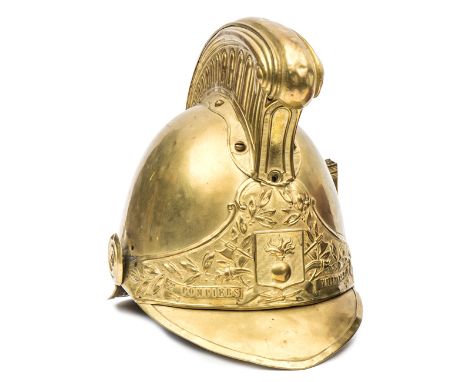 A French fireman’s brass helmet c 1900, brass binding to front and back peaks, studs at back, ear to ear HP embossed with tro