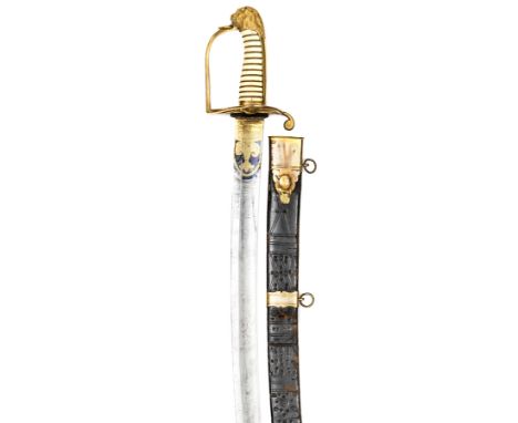 A good Volunteer officer’s sword, c 1798, of Lieut Col Kearsley, curved, shallow fullered blade 30½”, blued and gilt all roun