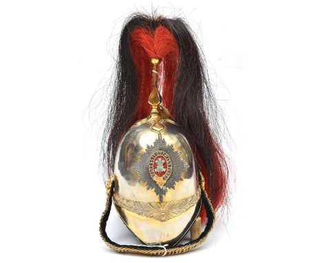 An officer’s helmet of the 3rd Carabiniers (P of Wales’s Dragoon Guards), brass skull with traces of gilt, ear to ear wreath,