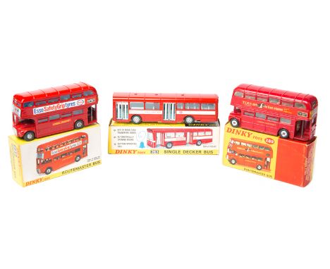 6 Dinky Toy buses. 3x Single Deck Buses (283), in Red Arrow livery, two in red with grey lining and doors. One in metallic re