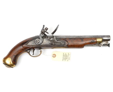 A 16 bore New Land Pattern flintlock holster pistol, 15” overall, barrel 9” with ordnance proofs, the flat line engraved lock