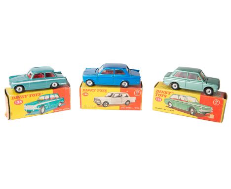 3 Dinky Toys. Triumph Vitesse (134) in metallic light green with a white flash and red interior. Plus a Vauxhall Viva (136) i