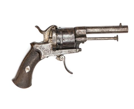 A Belgian 6 shot 7mm DA pinfire revolver,  7½” overall, round barrel 3¼” engraved “J Manton London”, with Liege and B’ham pro