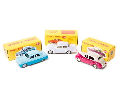 11 Dinky Toys by Norev/Atlas Editions. Morris Oxford Saloon (159) in cerise and cream. Ford Zephyr Saloon (162) in two tone b