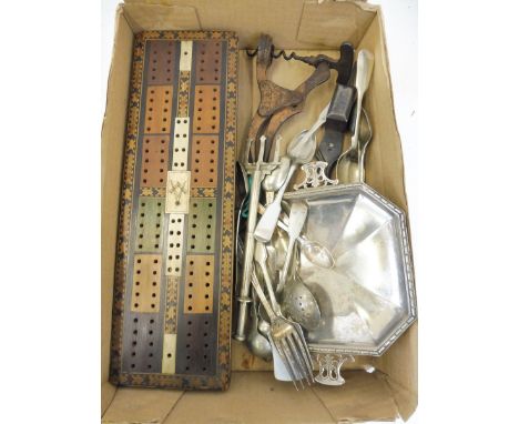 A parquetry inlaid cribbage board with central Masonic emblem, an unusual corkscrew, a pair of early polished steel candle sn