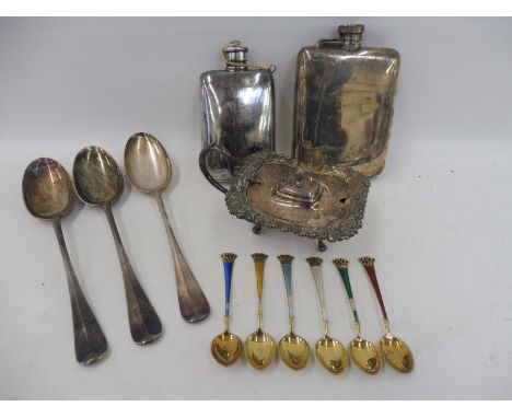 A set of six Danish silver and colourful enamel spoons, an Old Sheffield Plate sauce pot, two EPNS hip flasks and three rat t