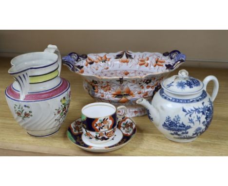 An early 19th century Caughley blue and white teapot, prattware jug and two others