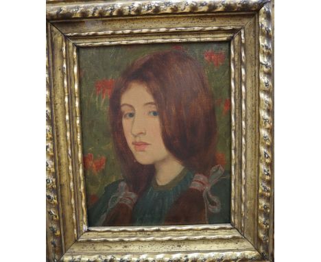 19th century English School, oil on canvas, Portrait of a young girl with ribbon tied hair, 27 x 22cm