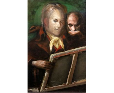 § Tom Keating (1917-1984)oil on fabric laid on board"John Constable R.A. discovers a Keating?"studio stamp verso24 x 15.75in.