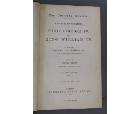 Greville, Charles C.F. - The Greville Memoirs, 4th edition, 3 vols, 8vo, half calf, Longmans, Green and Co., London 1875; Fra