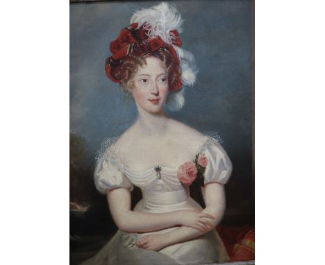 19th century English School, oil on canvas, Portrait of a lady wearing a white dress and tartan bonnet, 59 x 46cmCONDITION: R