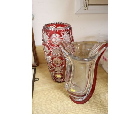 A St Louis ruby and clear art glass vase, 1960s and a ruby red flash cut ovoid vase, tallest 29cm